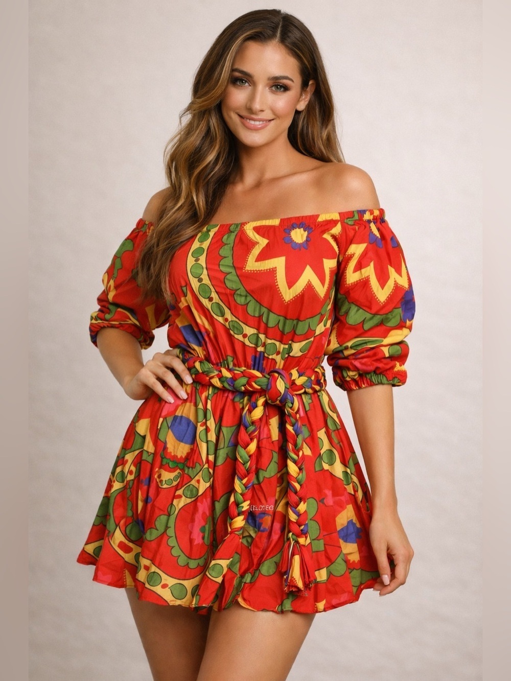 L’ATISTE By Amy Off Shoulder Puff Sleeve Mini Dress L Floral Fit & Flare Belted